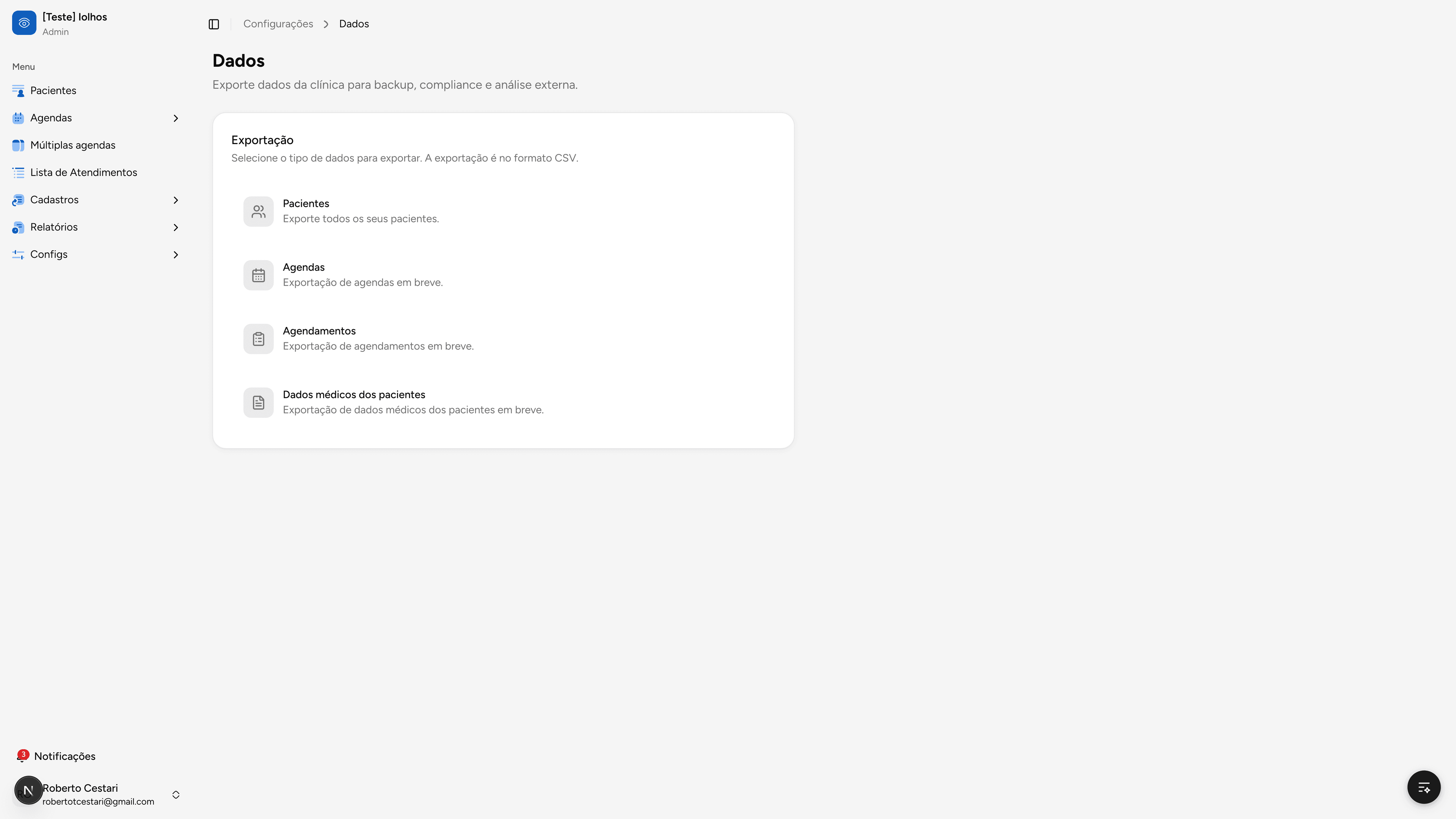 Tela de Configurações > Exportar Dados