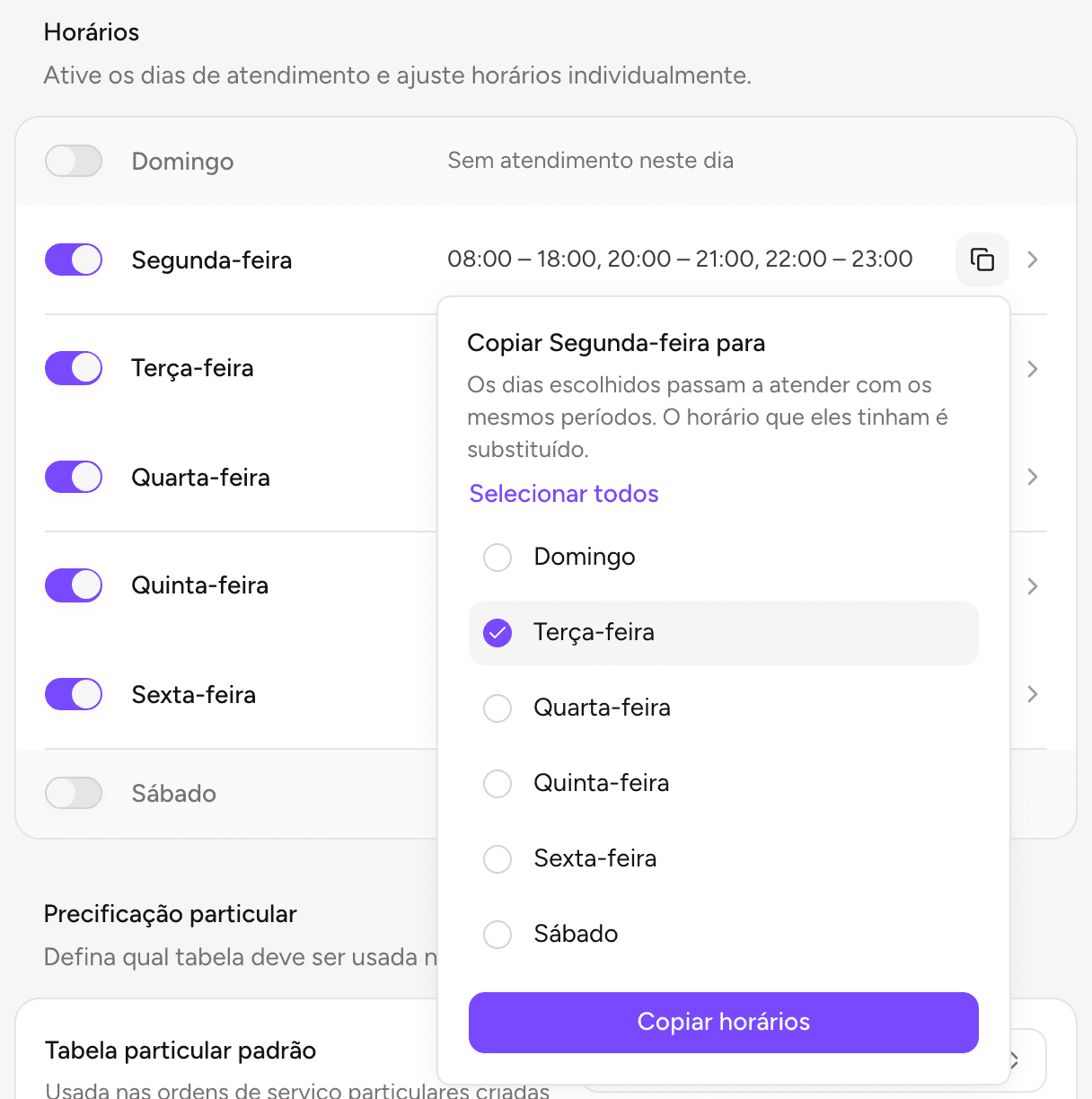 Copiar os horários de segunda-feira para outros dias