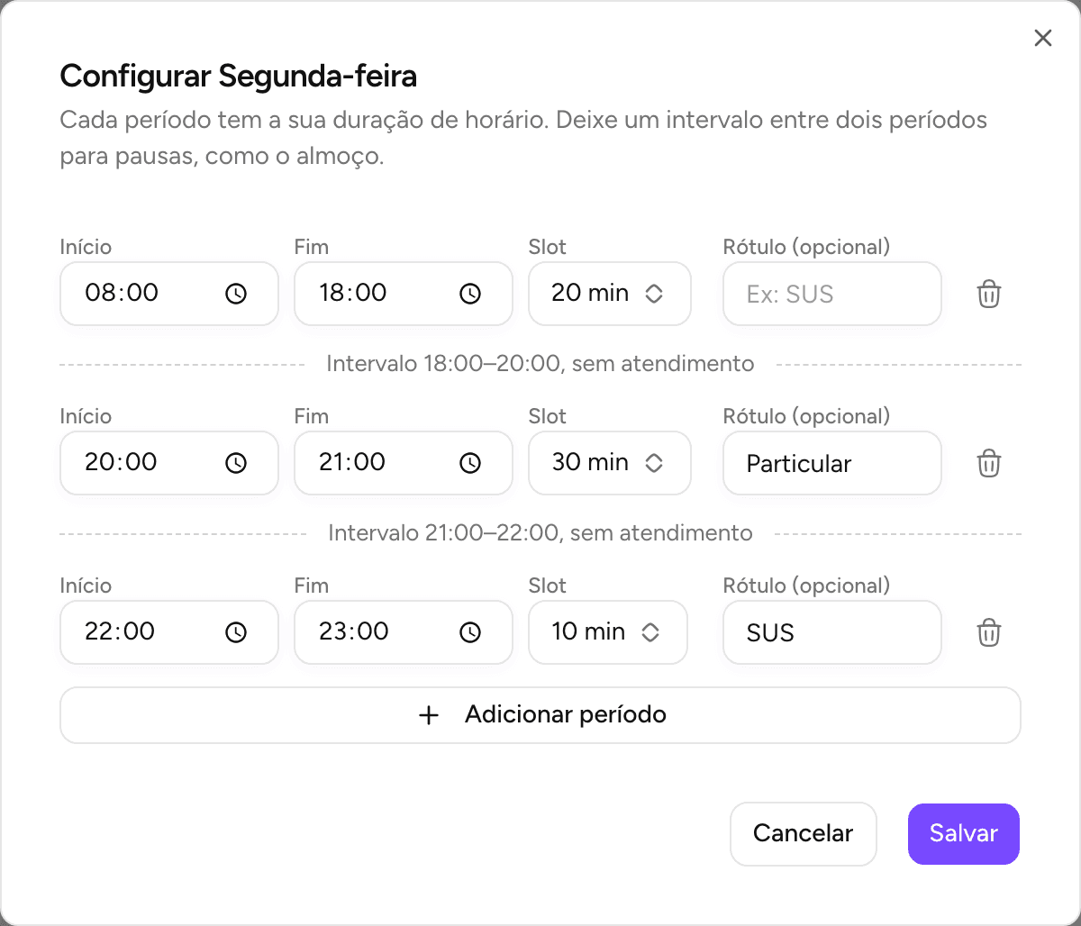 Diálogo de um dia com três períodos e dois intervalos