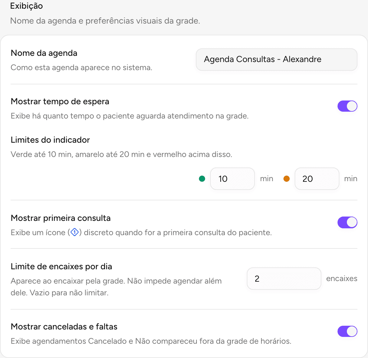 Seção Exibição da configuração da agenda