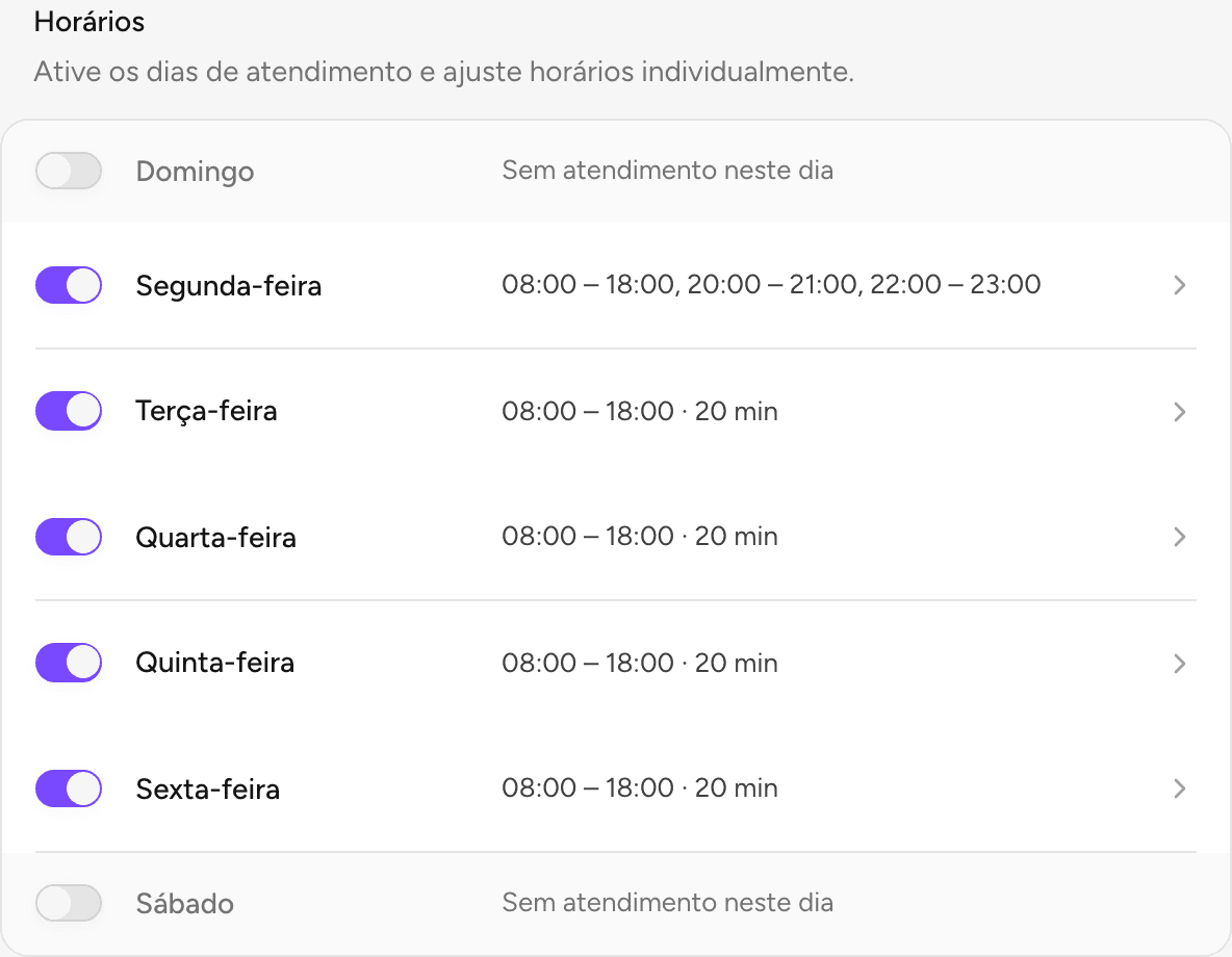 Seção Horários com a rotina de cada dia